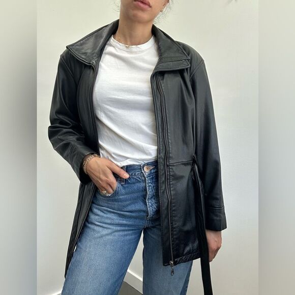 Jacqueline Ferrar 90's Vintage Black Leather Jacket Mid Length Waist Tie Size M - Picture 4 of 11